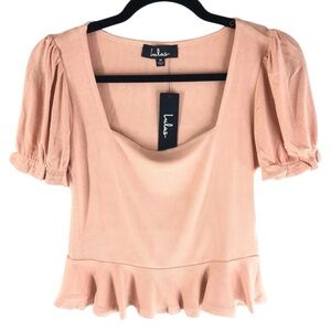 NWT Lulu's BLUSH PINK PEPLUM TOP Medium PEP SQUAD RIBBED PUFF SLEEVE COQUETTE